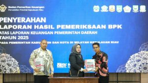Bupati Karimun Iskandarsyah didampingi Ketua DPRD Karimun Raja Rafiza menerima predikat WTP dari BPK RI - Foto: Diskominfo Karimun