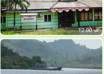 Bagan Apung milik Perumda Sri Serindit Natuna yang terdampar dan tenggelam di sungai perairan Selat Lampa Kecamatan Pulau Tiga Kabupaten Natuna