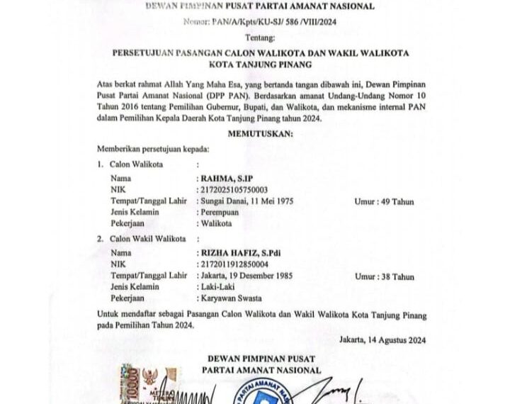 DPP PAN Restui Pasangan Rahma-Rizha Hafiz untuk Pilwako Tanjungpinang 2024