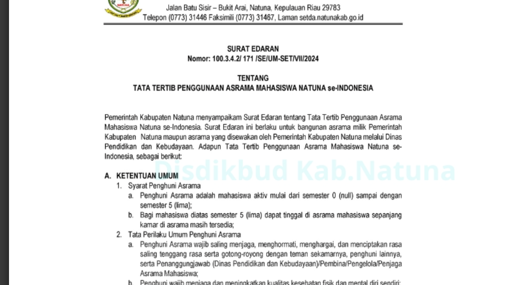 Disdik Natuna Keluarkan Surat Edaran Tentang Tata Tertib Penggunaan Asrama