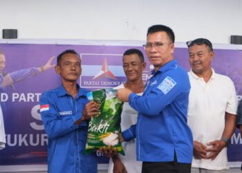 Aneng saat Serahkan bantuan kepada penerima di HUT Partai Demokrat ke 24 di lingga.