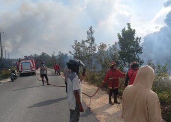Polres Natuna Bersama Damkar dan BPBD Padamkan Karhutla di Jalan Poros Batubi–Ranai 
