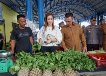 Bupati Anambas Aneng di dampingi Wakil Bupati Anambas Raja Bayu, serta Ketua TP PKK Anambas sedang Meninjau Lokasi Pangan Murah di Desa Tarempa Barat