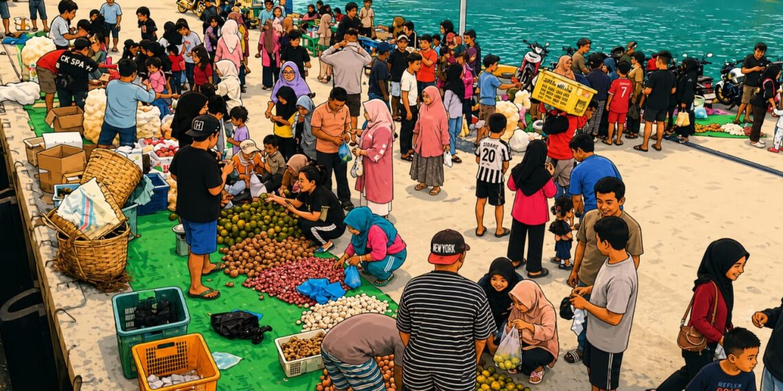 Suasana di pelabuhan Letung saat kapal Sabuk Nusantara sandar di pelabuhan Letung Jemaja pedagang berjualan di dermaga