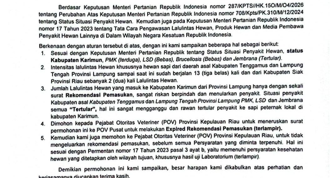 Asosiasi Peternak dan Pedagang Sapi Karimun Mendukung Langkah Pemkab Karimun Terkait Pembatasan Masuknya Sapi dari Lampung