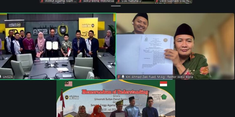 (STAI) Natuna saat melakukan penandatanganan Memorandum of Understanding (MoU) dengan Universiti Sultan Zainal Abidin (UniSZA), Terengganu, Malaysia yang dilaksanakan secara daring melalui Zoom Meeting dari Ruang Multimedia STAI Natuna