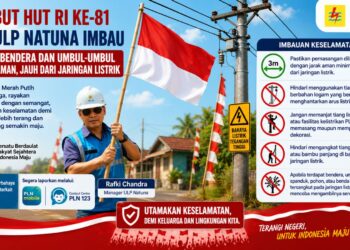 PT PLN (Persero) Unit Layanan Pelanggan (ULP) Natuna mengajak seluruh masyarakat Kabupaten Natuna untuk memeriahkan suasana kemerdekaan dengan memasang bendera Merah Putih, umbul-umbul, dan berbagai atribut kemerdekaan secara aman serta tidak berada di dekat jaringan listrik.