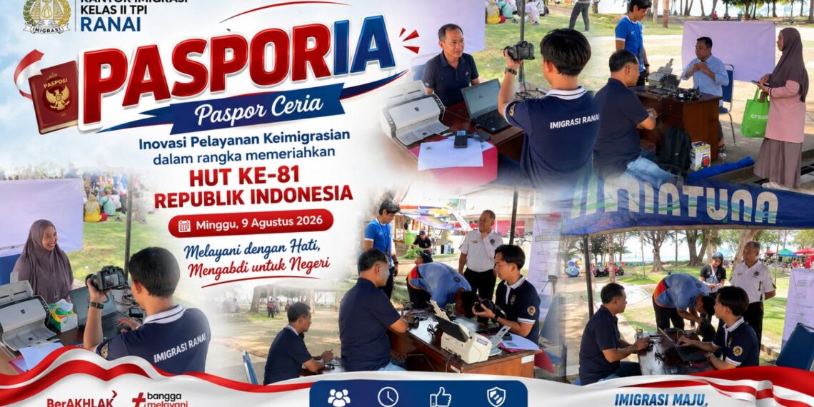 Kantor Imigrasi Kelas II TPI Ranai saat melaksanakan kegiatan menghadirkan inovasi pelayanan keimigrasian melalui kegiatan PASPORIA (Paspor Ceria), Minggu (9/8/2026) dalam rangka memeriahkan Hari Ulang Tahun (HUT) ke-81 Republik Indonesia.