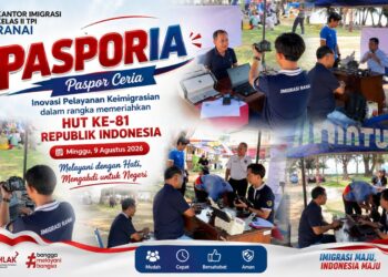 Kantor Imigrasi Kelas II TPI Ranai saat melaksanakan kegiatan menghadirkan inovasi pelayanan keimigrasian melalui kegiatan PASPORIA (Paspor Ceria), Minggu (9/8/2026) dalam rangka memeriahkan Hari Ulang Tahun (HUT) ke-81 Republik Indonesia.