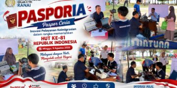 Kantor Imigrasi Kelas II TPI Ranai saat melaksanakan kegiatan menghadirkan inovasi pelayanan keimigrasian melalui kegiatan PASPORIA (Paspor Ceria), Minggu (9/8/2026) dalam rangka memeriahkan Hari Ulang Tahun (HUT) ke-81 Republik Indonesia.