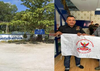 Pintu masuk PT Pacific Granitama. Ketua GRIB Jaya Kepri Juanidy dan Ketua GRIB Jaya Karimun Dian Bangun Sari.