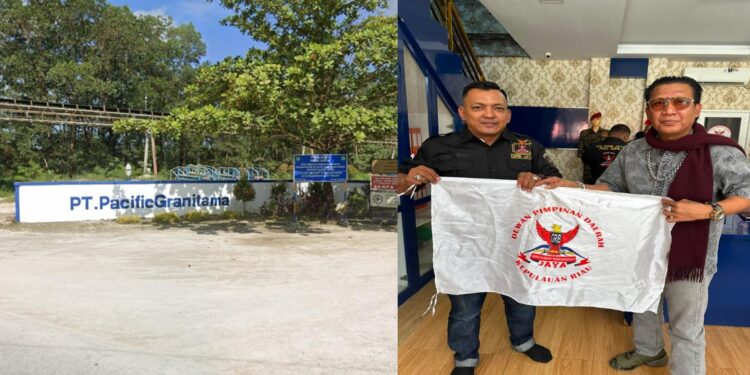 Pintu masuk PT Pacific Granitama. Ketua GRIB Jaya Kepri Juanidy dan Ketua GRIB Jaya Karimun Dian Bangun Sari.